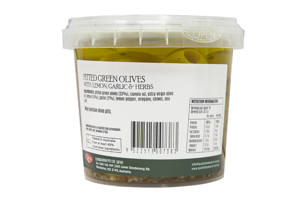2507383 OB Pitted Green Olives w lemon, garlic & herbs 335g-BACK.webp