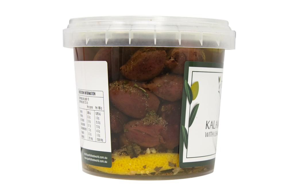 2507406 OB Pitted Kalamata Olives w. Lemon, Garlic & Herbs 335g-SIDE.webp